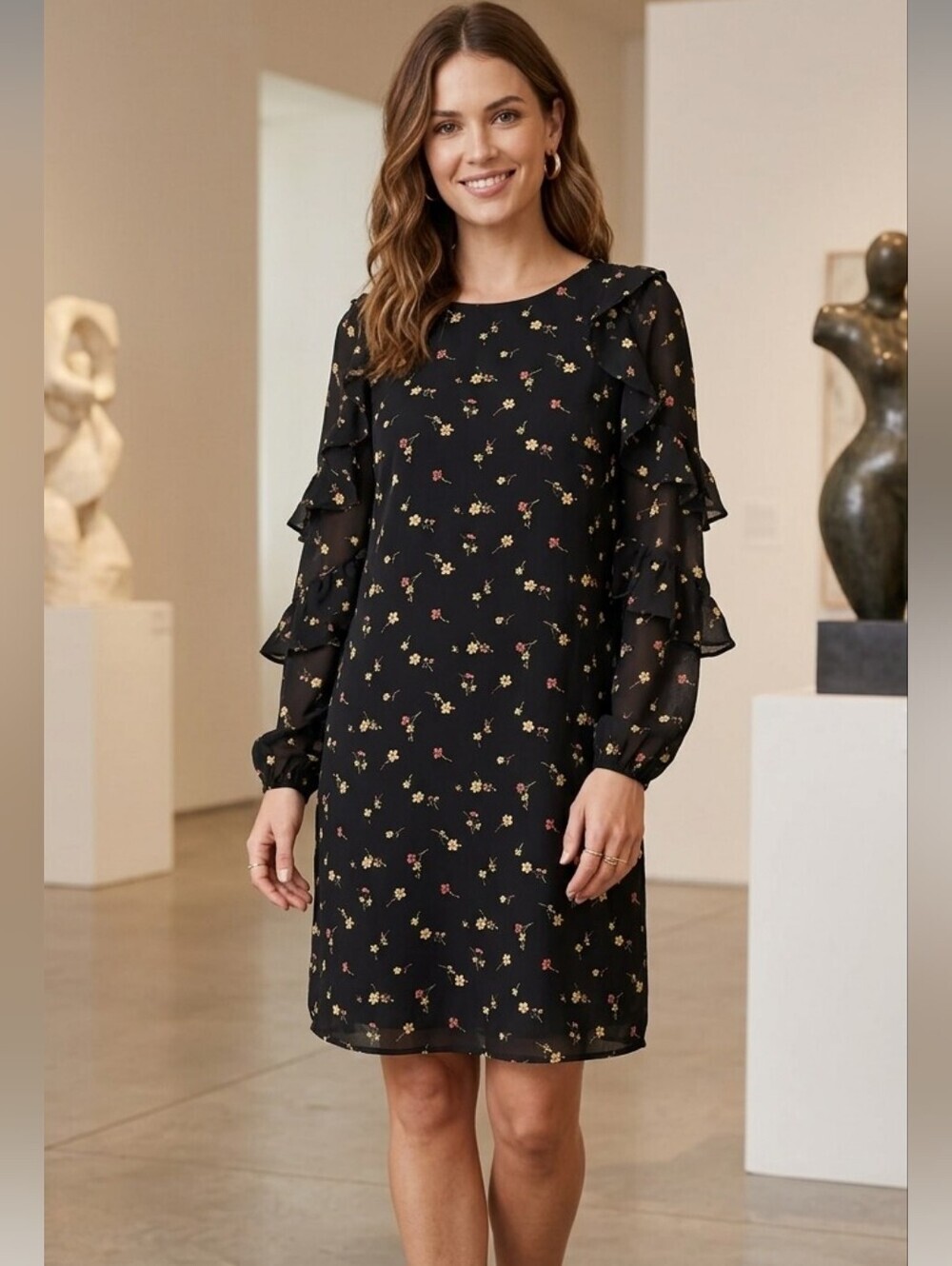 Lauren Ralph Lauren Floral Ruffle Sleeve Black Dress Size 8 Petite